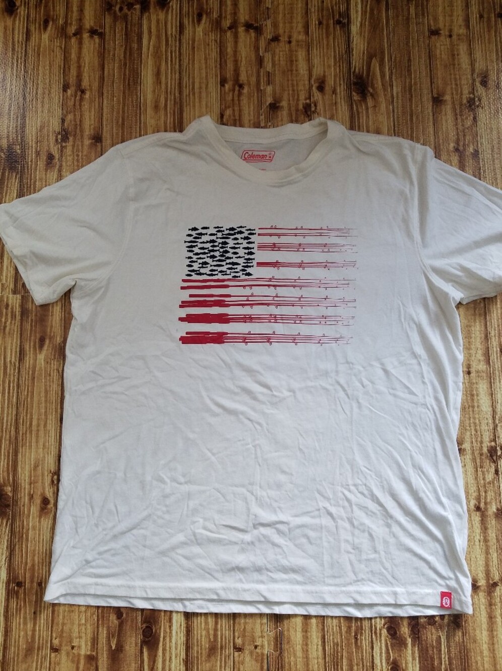 Coleman Men's Large Off White Patriotic Fishing Shirt Red & Blue American Flag